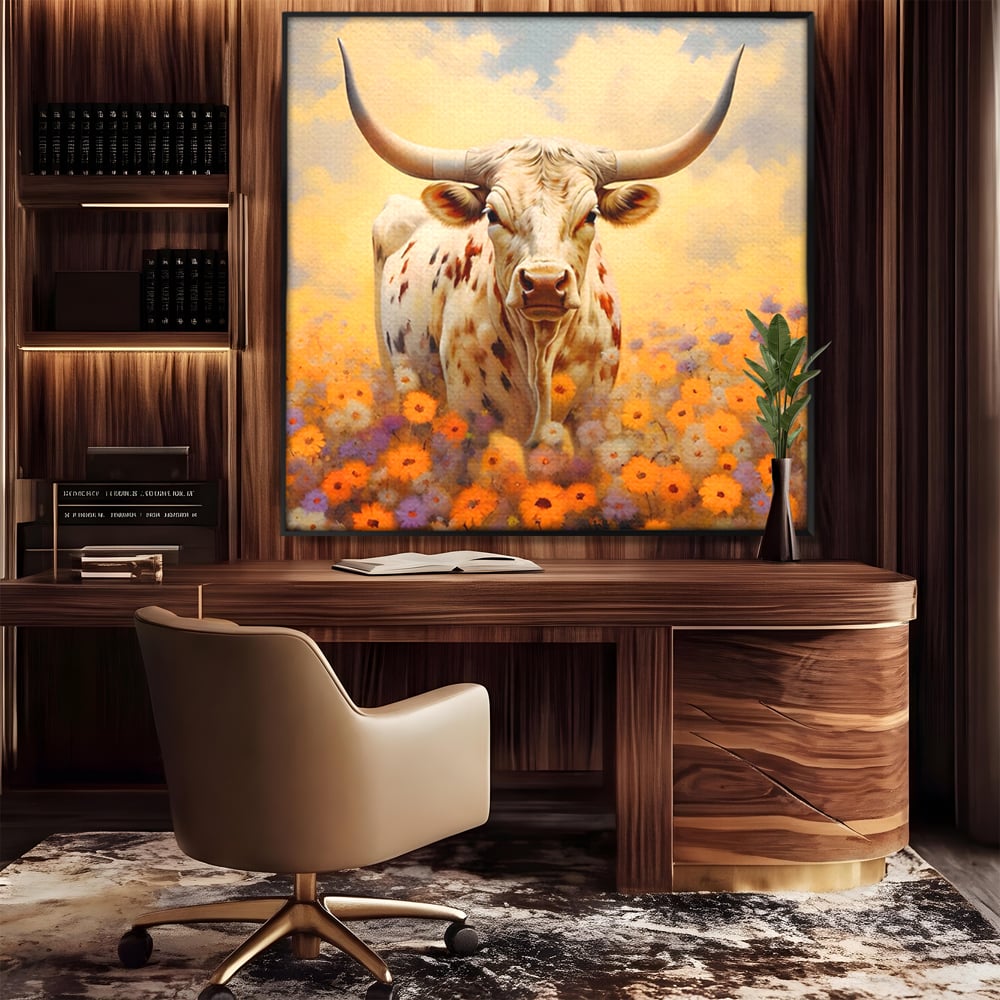 Tablou canvas cu tablou canvas cu bivol cu coarne mari, in rama de aluminiu negru, pe perete intr-un birou